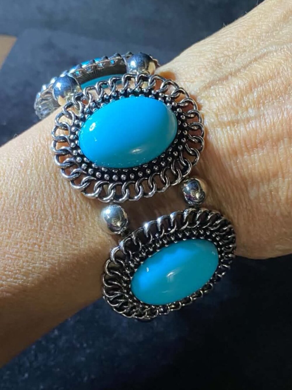 Vintage Turquoise Silver tone Stretch Bracelet